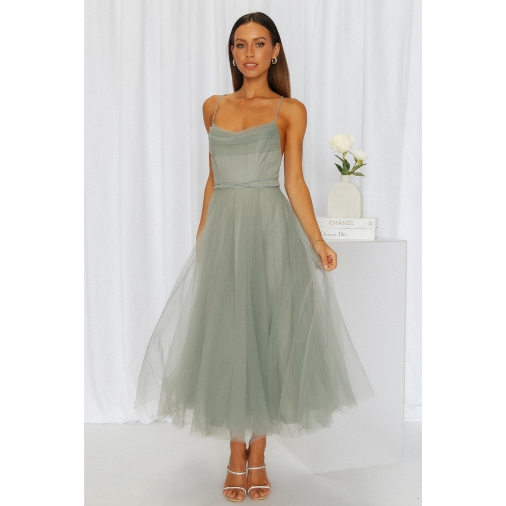 Hello Molly Sage Green Tulle Midi Dress
